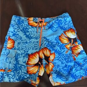 OP Men's Bright Blue Board Shorts with Orange Floral Print